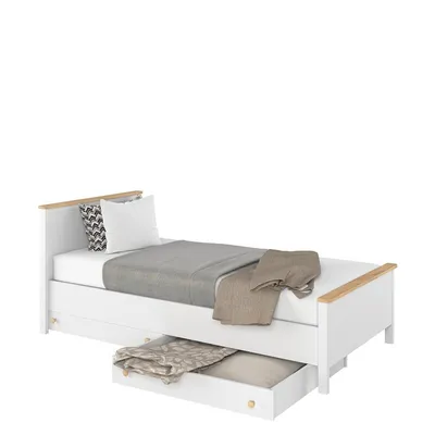 Obrázok produktu pre Jednolôžková posteľ s matracom, roštom a zásuvkou 90x200 MABARUMA - biela / dub nash