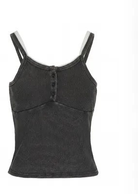 Produktbild von Damen Rippstrick Top grau Größe L mit Spitze, Rundhalsausschnitt, schmalen Trägern und Used-Look