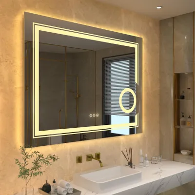 Image de Vrygle Miroir salle de bain LED 60×80 cm avec miroir grossissant 3×, tactile, anti-buée, dimmable 3500K–6500K, miroir mural