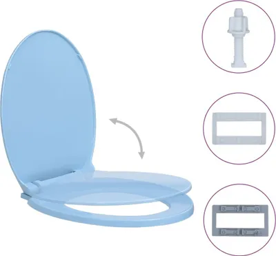 A light blue toilet seat is shown open, with a curved arrow indicating movement. To the right, three circular insets show mounting hardware.