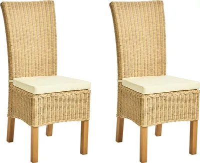 Produktbild von BELIANI Esszimmerstuhl 2er Set Naturfarben Rattan mit Sitzkissen Mangoholzbeine Hoher Rückenlehne ohne Armlehnen Rattanstuhl modernes Design für den Innenbereich