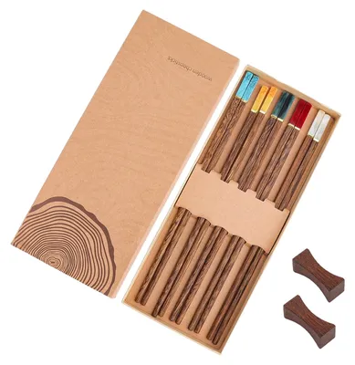 5 Paar Holz-Essstäbchen mit 2 Ablagen, Sushi-Stäbchen, Geschenkbox