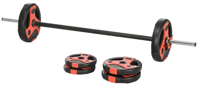Produktbild von Säulenhantelset, Langhantel-Set 20 kg, Metall Kunststoff, Schwarz+Rot | rutschfest | einteilige Stange | 6 Hantelscheiben