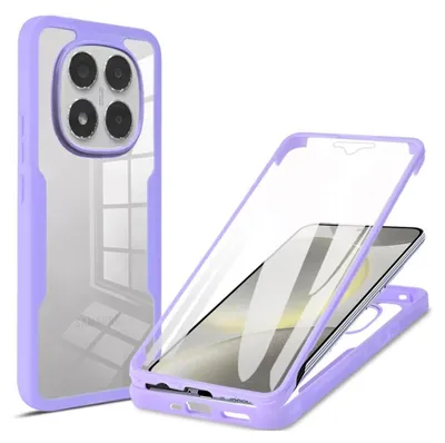 A phone case and screen protector are displayed against a white background. The phone case is shown from the back and side, while the screen protector is shown from the top, with a phone inside.