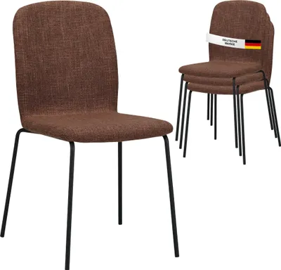 A set of four brown dining chairs stacked on a white background. One chair is in the foreground, and three are stacked behind it. A white band with German text and the German flag is wrapped around the top chair.