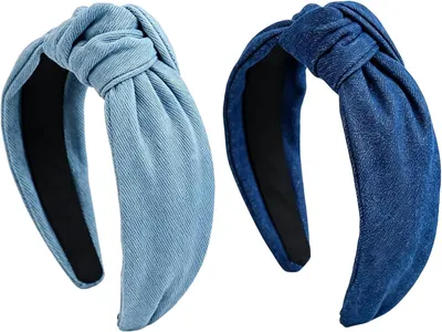 Produktbild von 2 Vintage-Denim-Stirnbänder mit Knoten, rutschfestem Halt und elastischem Band in Dunkelblau und Hellblau