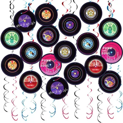 Immagine prodotto di Set di ghirlande a forma di dischi in vinile, stile anni '40, per decorazioni di feste a tema rock'n'roll. Aspetto vinile, colore nero e multicolore