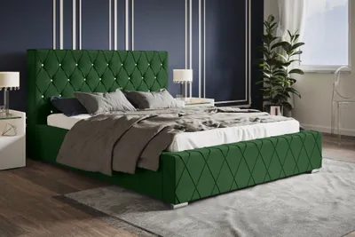 Obrázek produktu pro Čalouněná postel 160x200 cm Leno – čelo s knoflíky, úložný prostor, rošt – manželská postel s velurovou látkou, zelená