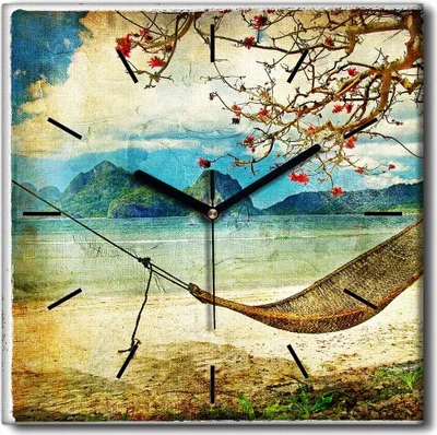 Produktbild von Coloray Uhr auf Leinwand 30x30 cm Wand Uhr Dekoration Wohnzimmer Segeltuch schwarze Hände -Strand Ozean Tropics.