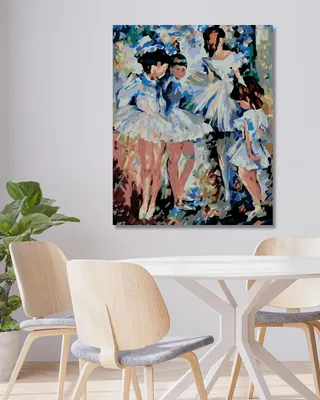 A painting of ballerinas hanging on a wall above a dining table with chairs.