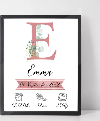 Produktbild von Personalisiertes Geburtsposter Name Uhrzeit Größe Gewicht | Kinderzimmer Babygeschenk | Geburt Baby Poster – A3 (29.7x42cm) / Rosa / schwarzer Bilderahmen