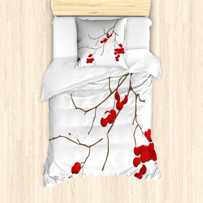 Produktbild von ABAKUHAUS Eberesche Mantele, Anlage mit Schnee, Milbensicher Allergiker geeignet mit Kissenbezügen, 135 cm x 200 cm - 80 x 80 cm, Rot Weiß Umber