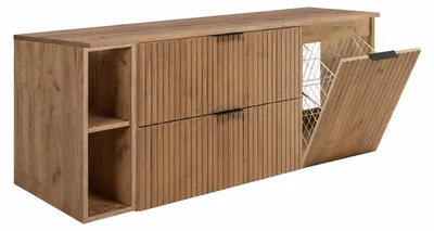 Produktbild von Badmöbel-Set mit Wäschekorb, Eiche Craft / Platte Schwarz / Griffe Gold, 140 x 57 x 46 cm, KI-generiertes Bild