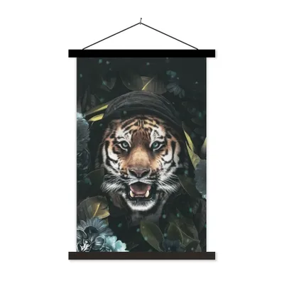 Produktbild von MuchoWow® Textilposter Blumen - Tiger - Raubtier 40x60 cm mit schwarzem Rahmen - Wanddekorationen