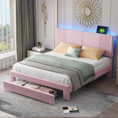 Image de AIORBER Lits rembourrés, 160 x 200 cm, avec éclairage LED & USB, grand tiroir, housse en velours, cadre métallique stable, lit double, rose