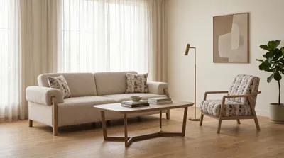 Zdjęcie produktu dla Komplet wypoczynkowy, sofa 3-osobowa, beżowa, tkanina bouclé, nowoczesny design
