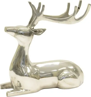 A polished silver aluminum figurine of a lying deer with antlers, presented on a white background.