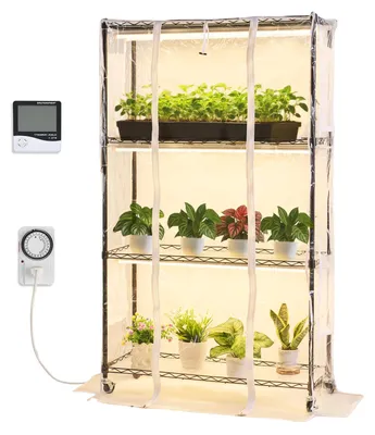 Image de Étagère à plantes SucceBuy avec lampe de culture, 4 niveaux et couvercle transparent, minuterie et hygromètre, LED à spectre complet 180 W, support pour plantes d'intérieur 90 x 35 x 150 cm