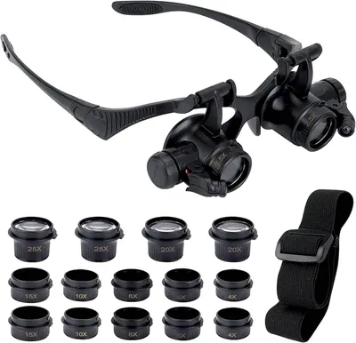 Produktbild von Freihändige Vergrößerungsbrille – 2 LEDs + 8 Linsen (2,5x–25x) – für Reparaturen/Lesen/Schmuck