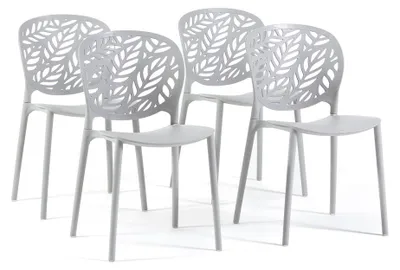 Image de Lot de 4 chaises empilables pour l'intérieur et l'extérieur, en polypropylène renforcé de fibre de verre, dossier à motif feuillage, pour jardin, terrasse, bar, restaurant - Licia Gris clair
