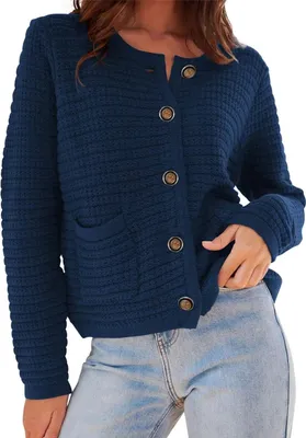 Produktbild von ASKSA Damen Strickjacke Rundhals Cardigan Knopfleiste Pullover Langarm Herbst Winter Grob Gestrickt Outerwear, Dunkelblau, L