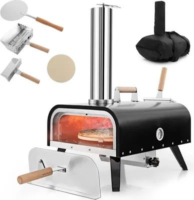 Image de Four à pizza d'extérieur - Four à pizza portable au charbon de bois - Acier inoxydable - Pierre à pizza - Pelle à pizza - Thermomètre - Pieds pliables - Sac de transport - Noir