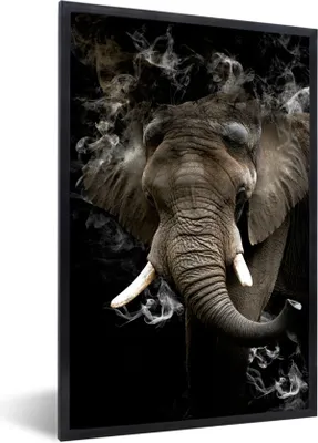 Produktbild von MuchoWow® MuchoWow® Gerahmtes Poster Elefant - Rauchen - Schwarz 60x90 cm - Poster mit zchwarzem Bilderrahmen - Kunst