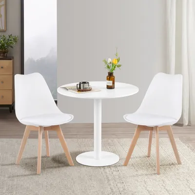 Obrázek produktu pro HJ_WeDoo jídelní stůl kulatý bílý se 2 jídelními židlemi bílé barvy, skandinávský jídelní set 80x80x73cm pro jídelní set do jídelny