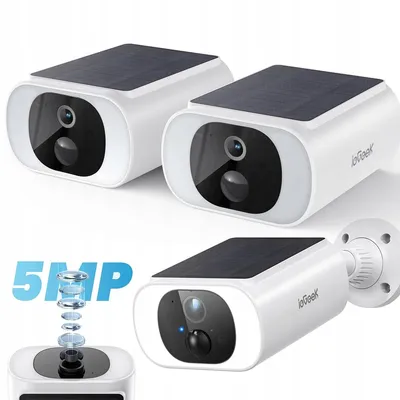 A collage of three images showing two white solar-powered security cameras and a close-up of one camera with a graphic illustrating its resolution.