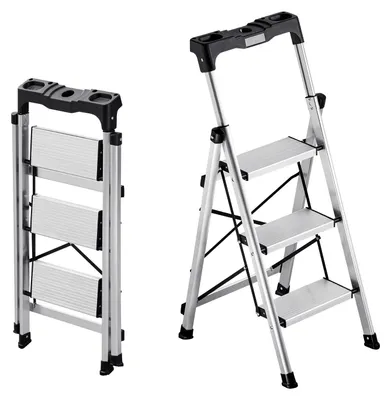 Immagine prodotto di Scaletta - Scaletta a pioli pieghevole a 3 gradini - Gradini antiscivolo - Maniglione di sicurezza - Portata massima 150 kg - Alluminio - Piedini gommati