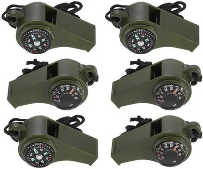 Produktbild von Trillerpfeife - 6 Stück - 3-in-1 Signalpfeife mit Kompass und Thermometer - Mit Trageschlaufe - Für Camping, Wandern, Bergsteigen und Sport