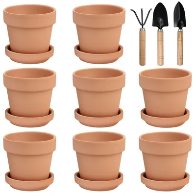 Image de Ensemble de 8 mini pots en terracotta avec soucoupes