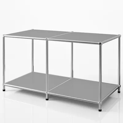 A modular shelving unit or lowboard with a metal frame and gray shelves, presented against a white background.