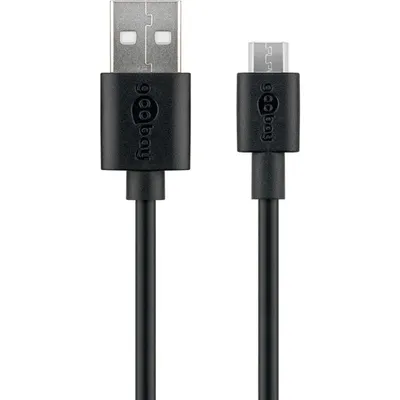 A black USB to Micro-USB cable is shown against a white background.