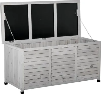 Image de Outsunny Coffre de rangement extšŠrieur, malle de rangement en bois, 283L, avec petites ouvertures en bas, 2 cha?nes, 127 x 56 x 60 cm, gris