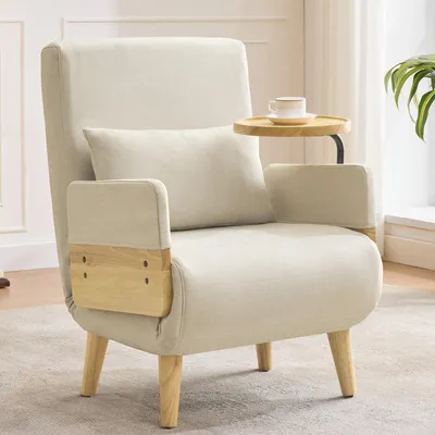 Image de OKWISH Fauteuil Convertible Fauteuil 3 en 1 avec Couchage Individuel et Chaise Longue, Coussin Inclus et Plateau en Bois, 66 x 74,5 x 88 cm - Beige