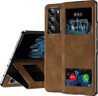 Image de Etui en cuir mince pour Oppo Find N, avec fenêtre d'affichage et fonction de support Marron