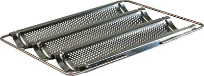 Image de Plaque à cuisson pour baguettes Lares en acier inoxydable avec poignées coulissantes, pour baguettes ou petits pains. Dimensions : 33 x 43 x 4 cm
