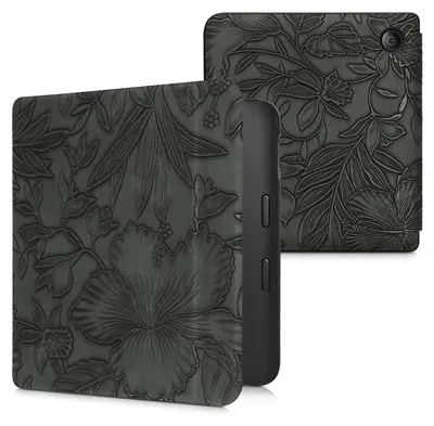 Produktbild von kwmobile Schutzhülle für Kobo Libra 2 Hülle - eReader Flip Case mit Auto Sleep Funktion - Blumen im grünen Relief mit Grün