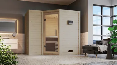Produktbild von Karibu Sauna Innensauna Sahib 2 Eckeinstieg Ofen 9 kW integr. Strg  236x184x208 cm ohne Dachkranz mit Klarglastür