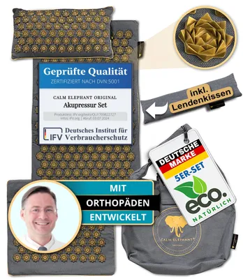 Produktbild von CALM ELEPHANT ORIGINAL Akupressurmatte XXL Set für Einsteiger + Lendenkissen: GENUINE 5-teilig, lindert Verspannungen, Rückenschmerzen, Stress - grau