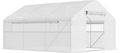 Image de Outsunny Serre de jardin 12 m², serre tunnel de jardin 4 x 3 x 2 m avec portes enroulables et grandes fenêtres en maille, serre en acier galvanisé et PE haute densité 140 g/m² résistante aux UV, blanc