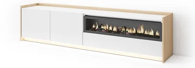 Image de Meuble tv effet bois blanc et chêne 207x37x50cm cheminée effet feu