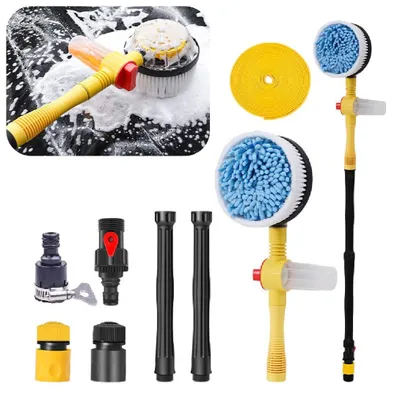 Image de Brosse de lavage rotative pour voiture, avec manche. Brosse de nettoyage rotative à 360° pour l'entretien automobile, avec réservoir à savon. Pistolets à eau haute pression et brosses de lavage pour voiture