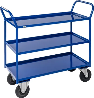 Produktbild von Kongamek Etagenwagen voll verschweisst in blau mit 3 Böden 940x540mm Ladefläche und 24mm Rand ohne Bremse
