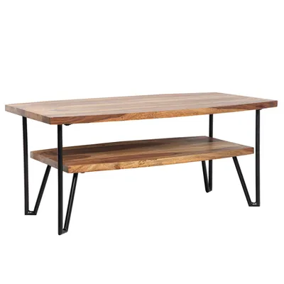 Produktbild von Couchtisch 90x50x40 cm Sheesham Massivholz / Metall Sofatisch Rechteckig, Design Wohnzimmertisch Kaffeetisch mit Stauraum, Holztisch Wohnzimmer Industrial Vierrund