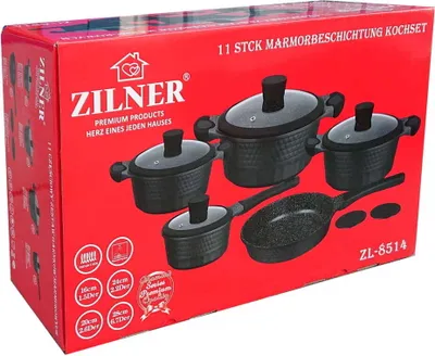 A red cardboard box displaying a set of cookware.