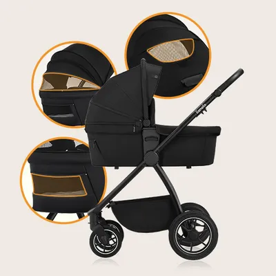 Produktbild von Lionelo Kombikinderwagen Meril 3in1 Babywanne bis zu 9 kg, Kindersitz bis zu 13 kg, 0-48 Monate bis zu 22 kg, Geländeräder 360°, Vollfederung - Black
