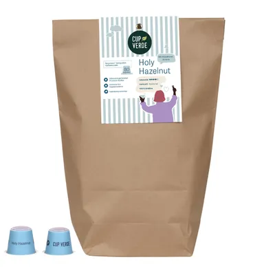 Produktbild von CUP VERDE – 80 nachhaltige Haselnuss Kaffeekapseln - kompatibel mit Nespresso*- HOLY HAZELNUT 100% Arabica mit unwiderstehlichem Haselnussaroma –vegan