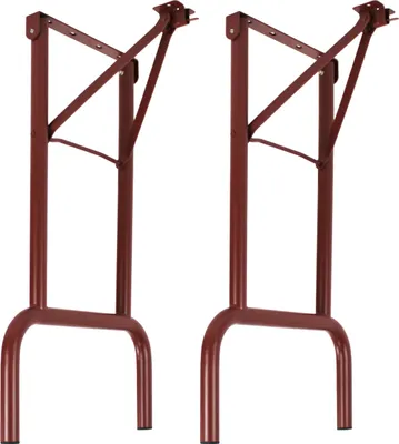 Two dark red metal table legs for a beer tent set.